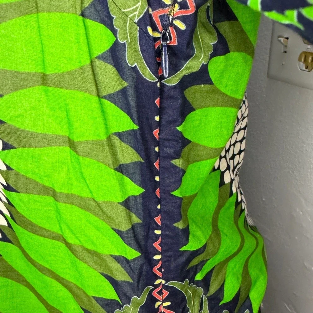Tory Burch Women Sz 12 Navy Green Floral Medallion Tunic Side Zip Cotton Top